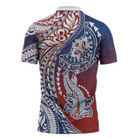 Hawaiian Manta Ray and Hammerhead Shark Tribal Tattoo Zipper Polo Shirt with Polynesian Tribal Pattern Hawaii Flag Color