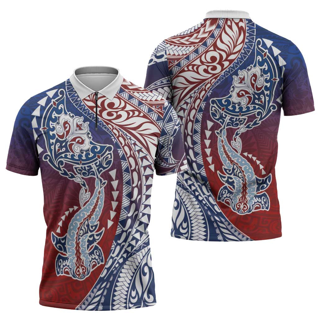 Hawaiian Manta Ray and Hammerhead Shark Tribal Tattoo Zipper Polo Shirt with Polynesian Tribal Pattern Hawaii Flag Color
