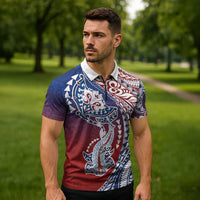 Hawaiian Manta Ray and Hammerhead Shark Tribal Tattoo Zipper Polo Shirt with Polynesian Tribal Pattern Hawaii Flag Color