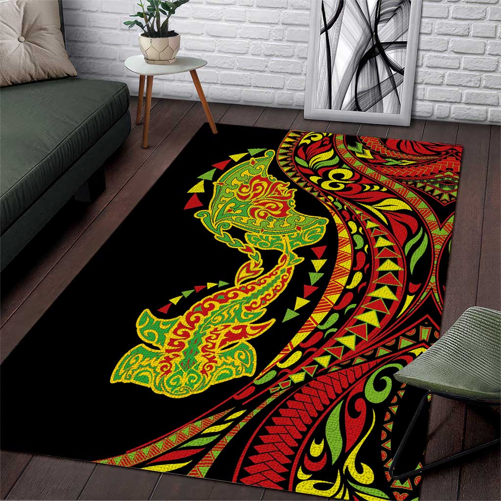 Hawaiian Manta Ray and Hammerhead Shark Tribal Tattoo Area Rug with Polynesian Tribal Pattern Kanaka Maoli Flag Color