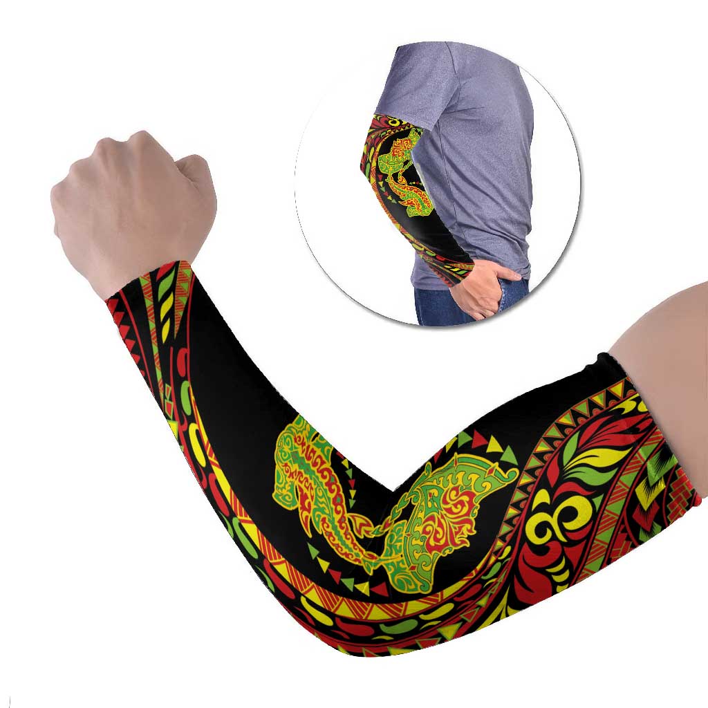Hawaiian Manta Ray and Hammerhead Shark Tribal Tattoo Arm Sleeves with Polynesian Tribal Pattern Kanaka Maoli Flag Color LT03 Set of 2 Multicolor - Polynesian Pride