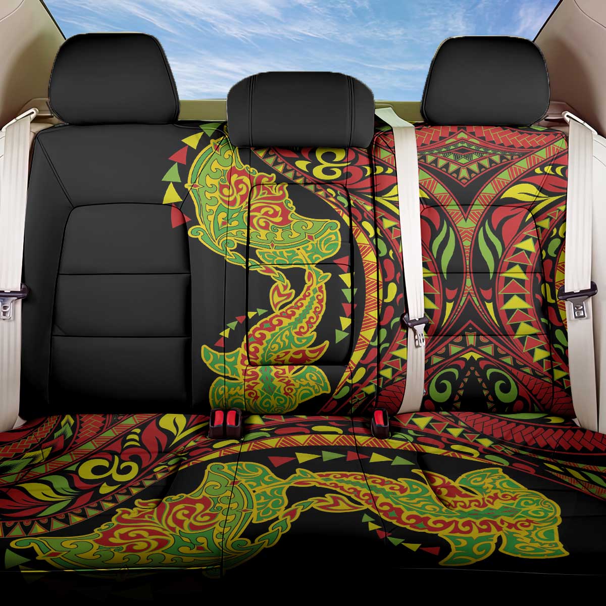 Hawaiian Manta Ray and Hammerhead Shark Tribal Tattoo Back Car Seat Cover with Polynesian Tribal Pattern Kanaka Maoli Flag Color