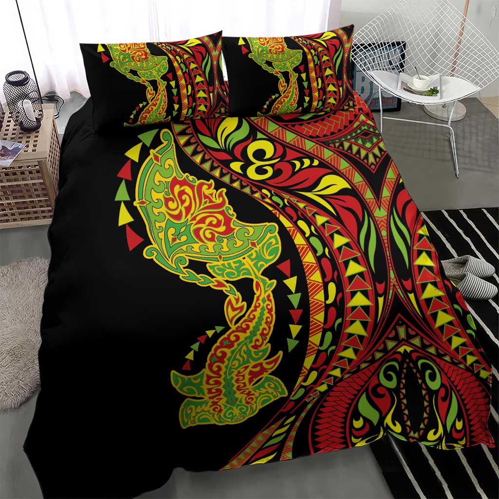 Hawaiian Manta Ray and Hammerhead Shark Tribal Tattoo Bedding Set with Polynesian Tribal Pattern Kanaka Maoli Flag Color