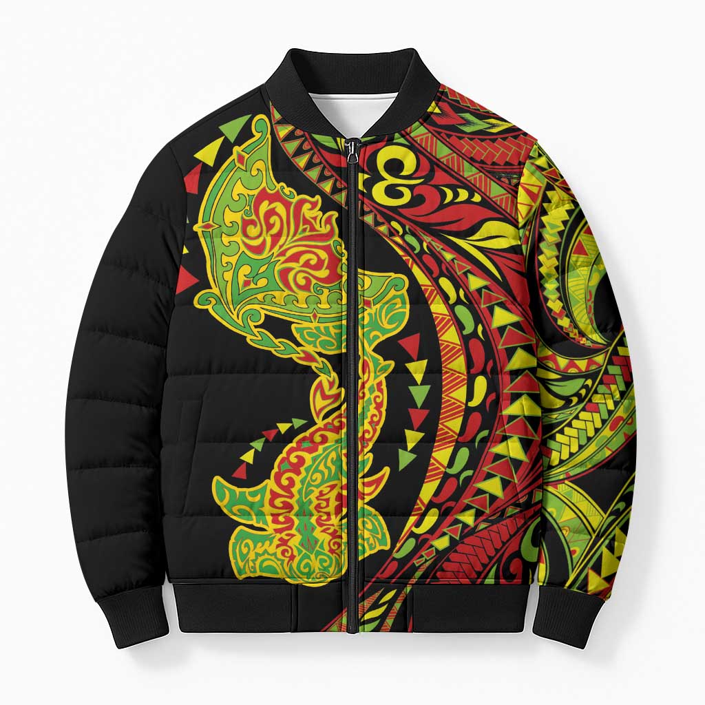 Hawaiian Manta Ray and Hammerhead Shark Tribal Tattoo Bomber Puffer Jacket with Polynesian Tribal Pattern Kanaka Maoli Flag Color LT03 Unisex Multicolor - Polynesian Pride