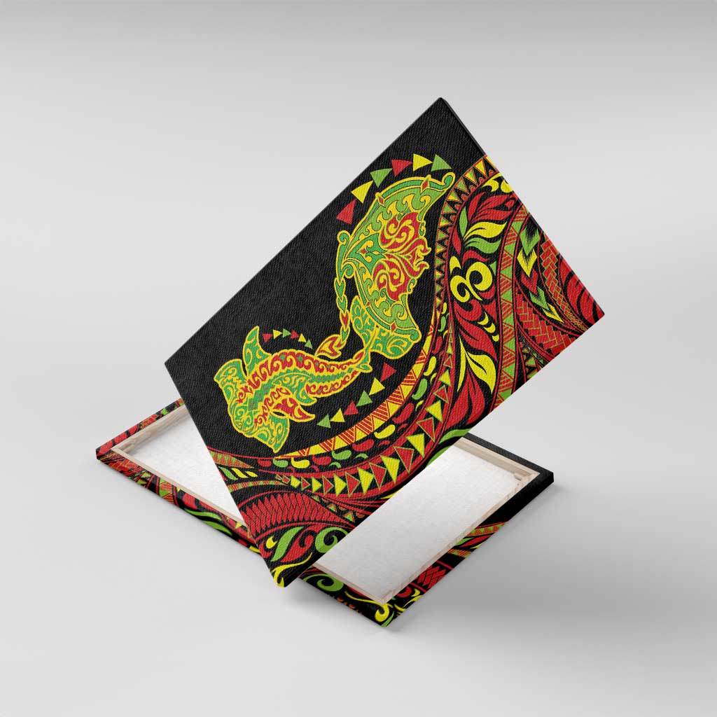 Hawaiian Manta Ray and Hammerhead Shark Tribal Tattoo Canvas Wall Art with Polynesian Tribal Pattern Kanaka Maoli Flag Color