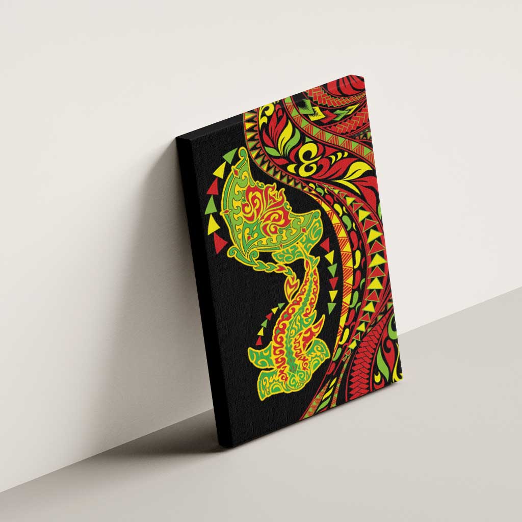 Hawaiian Manta Ray and Hammerhead Shark Tribal Tattoo Canvas Wall Art with Polynesian Tribal Pattern Kanaka Maoli Flag Color