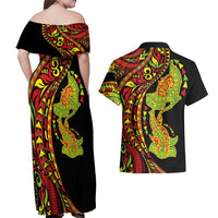 Hawaiian Manta Ray and Hammerhead Shark Tribal Tattoo Couples Matching Off Shoulder Maxi Dress and Hawaiian Shirt with Polynesian Tribal Pattern Kanaka Maoli Flag Color