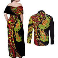 Hawaiian Manta Ray and Hammerhead Shark Tribal Tattoo Couples Matching Off Shoulder Maxi Dress and Long Sleeve Button Shirt with Polynesian Tribal Pattern Kanaka Maoli Flag Color