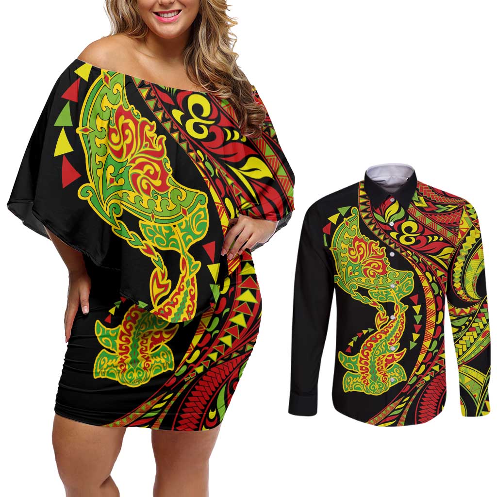 Hawaiian Manta Ray and Hammerhead Shark Tribal Tattoo Couples Matching Off Shoulder Short Dress and Long Sleeve Button Shirt with Polynesian Tribal Pattern Kanaka Maoli Flag Color