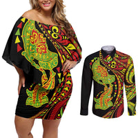 Hawaiian Manta Ray and Hammerhead Shark Tribal Tattoo Couples Matching Off Shoulder Short Dress and Long Sleeve Button Shirt with Polynesian Tribal Pattern Kanaka Maoli Flag Color