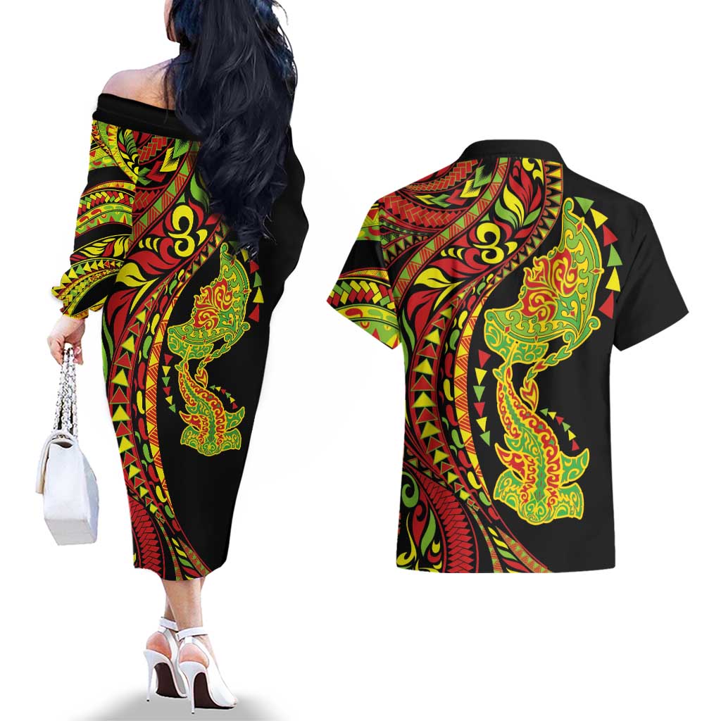Hawaiian Manta Ray and Hammerhead Shark Tribal Tattoo Couples Matching Off The Shoulder Long Sleeve Dress and Hawaiian Shirt with Polynesian Tribal Pattern Kanaka Maoli Flag Color
