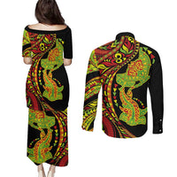 Hawaiian Manta Ray and Hammerhead Shark Tribal Tattoo Couples Matching Puletasi and Long Sleeve Button Shirt with Polynesian Tribal Pattern Kanaka Maoli Flag Color