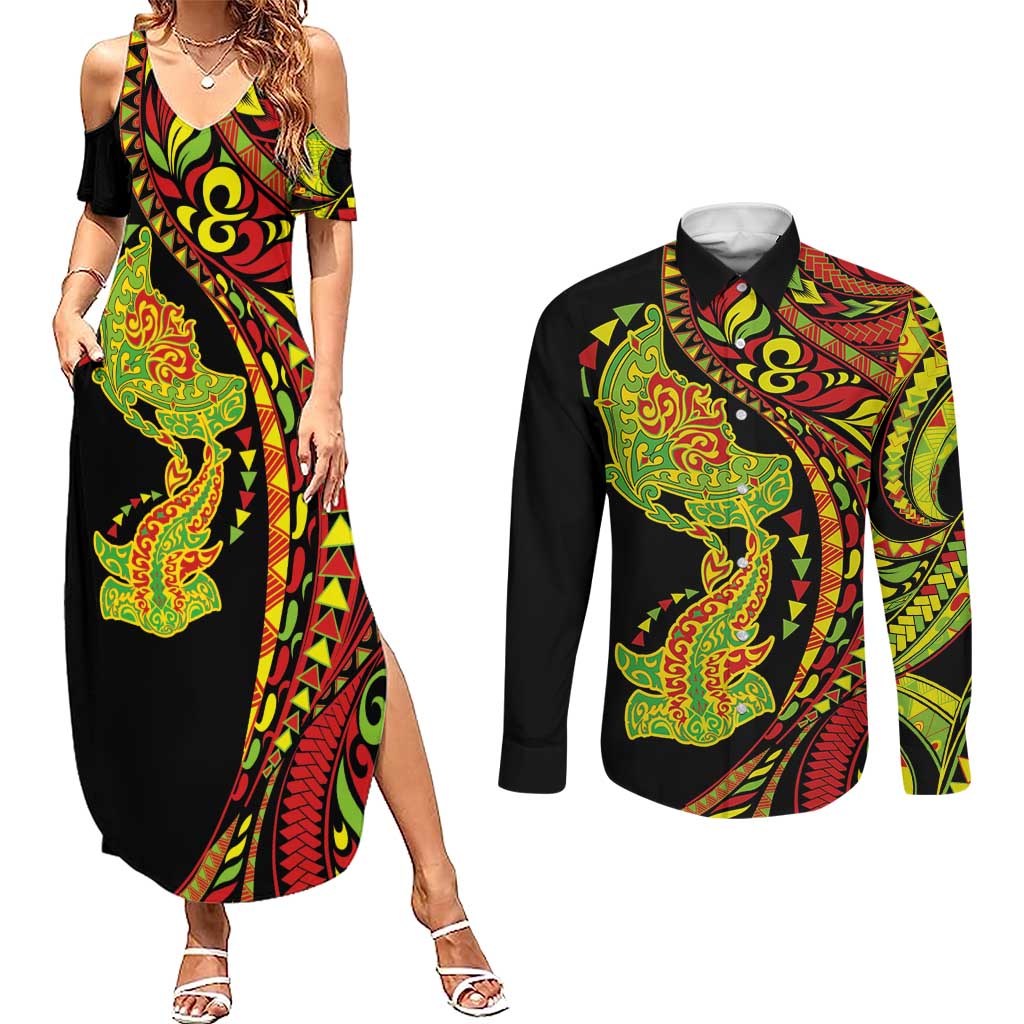 Hawaiian Manta Ray and Hammerhead Shark Tribal Tattoo Couples Matching Summer Maxi Dress and Long Sleeve Button Shirt with Polynesian Tribal Pattern Kanaka Maoli Flag Color