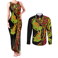 Hawaiian Manta Ray and Hammerhead Shark Tribal Tattoo Couples Matching Tank Maxi Dress and Long Sleeve Button Shirt with Polynesian Tribal Pattern Kanaka Maoli Flag Color
