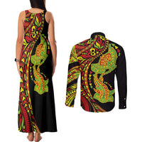 Hawaiian Manta Ray and Hammerhead Shark Tribal Tattoo Couples Matching Tank Maxi Dress and Long Sleeve Button Shirt with Polynesian Tribal Pattern Kanaka Maoli Flag Color