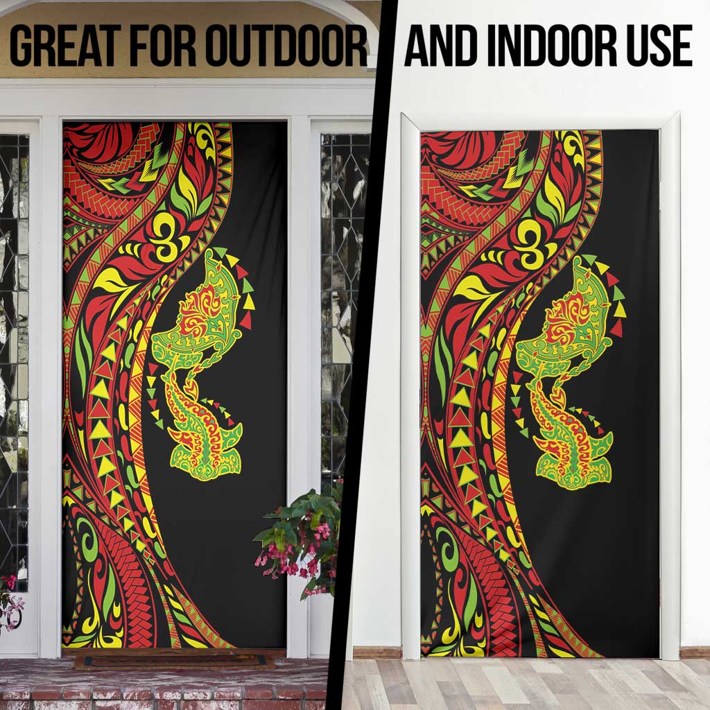 Hawaiian Manta Ray and Hammerhead Shark Tribal Tattoo Door Cover with Polynesian Tribal Pattern Kanaka Maoli Flag Color