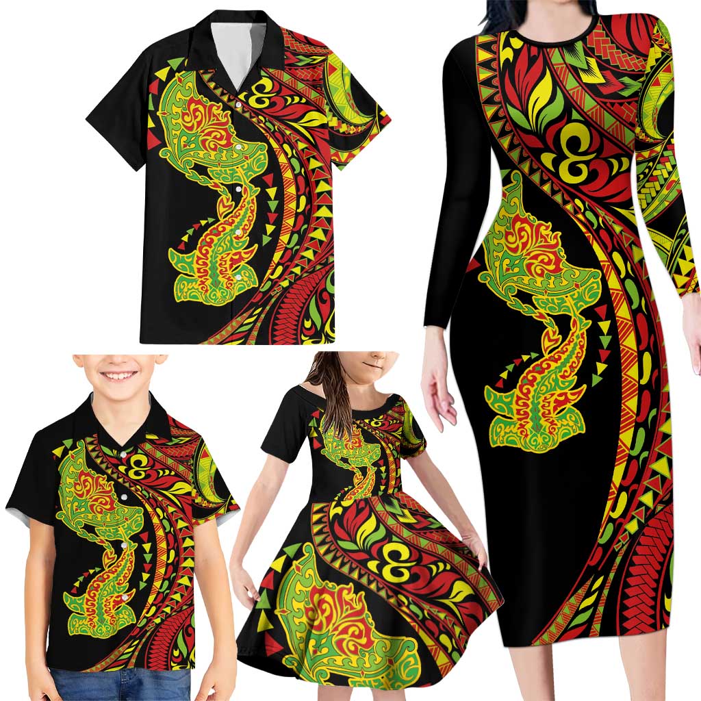 Hawaiian Manta Ray and Hammerhead Shark Tribal Tattoo Family Matching Long Sleeve Bodycon Dress and Hawaiian Shirt with Polynesian Tribal Pattern Kanaka Maoli Flag Color