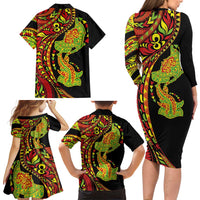 Hawaiian Manta Ray and Hammerhead Shark Tribal Tattoo Family Matching Long Sleeve Bodycon Dress and Hawaiian Shirt with Polynesian Tribal Pattern Kanaka Maoli Flag Color