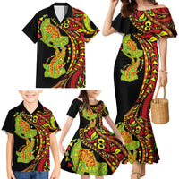 Hawaiian Manta Ray and Hammerhead Shark Tribal Tattoo Family Matching Mermaid Dress and Hawaiian Shirt with Polynesian Tribal Pattern Kanaka Maoli Flag Color