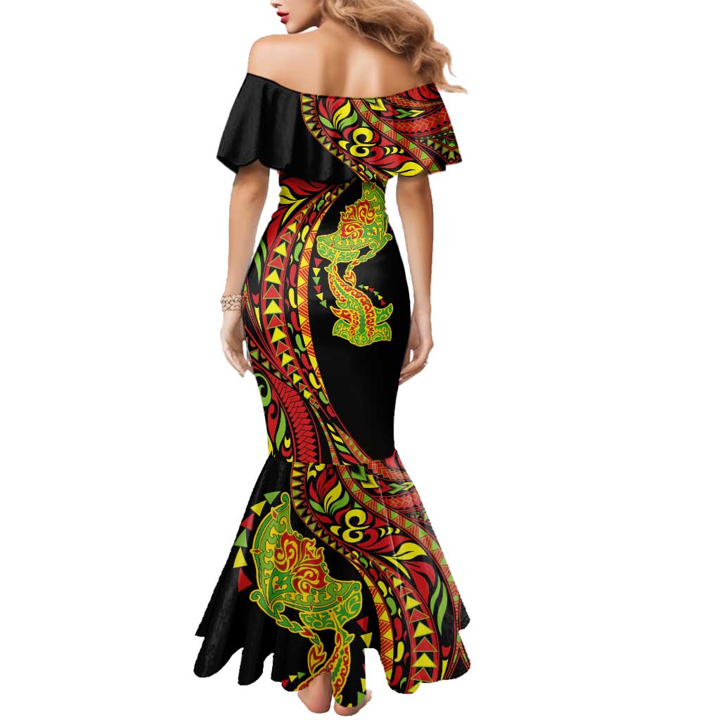Hawaiian Manta Ray and Hammerhead Shark Tribal Tattoo Family Matching Mermaid Dress and Hawaiian Shirt with Polynesian Tribal Pattern Kanaka Maoli Flag Color