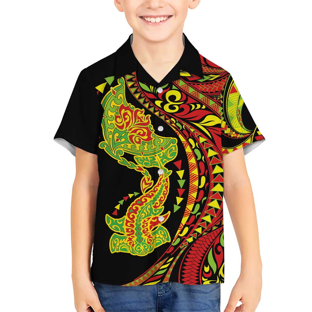 Hawaiian Manta Ray and Hammerhead Shark Tribal Tattoo Family Matching Mermaid Dress and Hawaiian Shirt with Polynesian Tribal Pattern Kanaka Maoli Flag Color