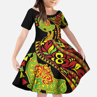 Hawaiian Manta Ray and Hammerhead Shark Tribal Tattoo Family Matching Off The Shoulder Long Sleeve Dress and Hawaiian Shirt with Polynesian Tribal Pattern Kanaka Maoli Flag Color
