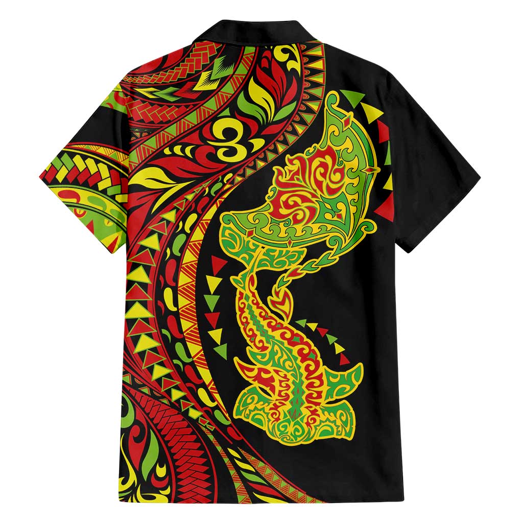 Hawaiian Manta Ray and Hammerhead Shark Tribal Tattoo Family Matching Off Shoulder Maxi Dress and Hawaiian Shirt with Polynesian Tribal Pattern Kanaka Maoli Flag Color