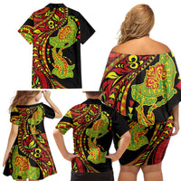 Hawaiian Manta Ray and Hammerhead Shark Tribal Tattoo Family Matching Off Shoulder Short Dress and Hawaiian Shirt with Polynesian Tribal Pattern Kanaka Maoli Flag Color