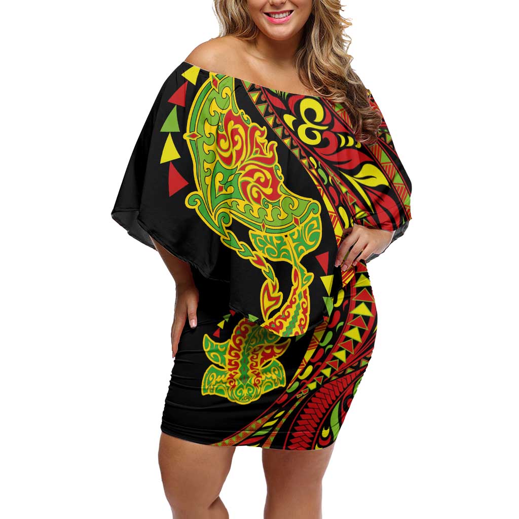 Hawaiian Manta Ray and Hammerhead Shark Tribal Tattoo Family Matching Off Shoulder Short Dress and Hawaiian Shirt with Polynesian Tribal Pattern Kanaka Maoli Flag Color