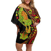 Hawaiian Manta Ray and Hammerhead Shark Tribal Tattoo Family Matching Off Shoulder Short Dress and Hawaiian Shirt with Polynesian Tribal Pattern Kanaka Maoli Flag Color