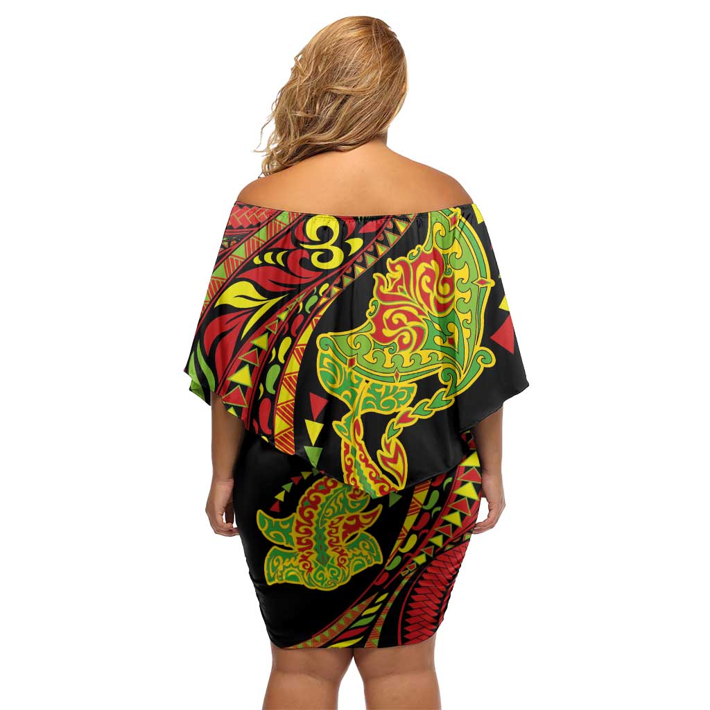 Hawaiian Manta Ray and Hammerhead Shark Tribal Tattoo Family Matching Off Shoulder Short Dress and Hawaiian Shirt with Polynesian Tribal Pattern Kanaka Maoli Flag Color