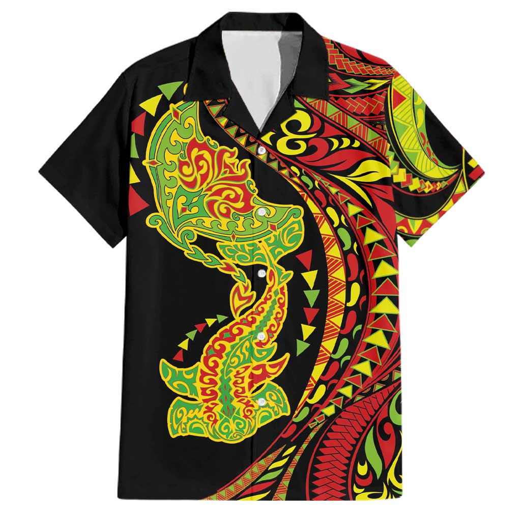 Hawaiian Manta Ray and Hammerhead Shark Tribal Tattoo Family Matching Puletasi and Hawaiian Shirt with Polynesian Tribal Pattern Kanaka Maoli Flag Color
