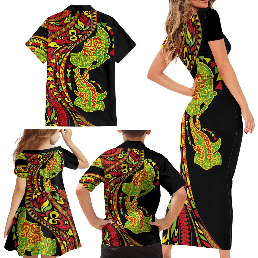 Hawaiian Manta Ray and Hammerhead Shark Tribal Tattoo Family Matching Short Sleeve Bodycon Dress and Hawaiian Shirt with Polynesian Tribal Pattern Kanaka Maoli Flag Color