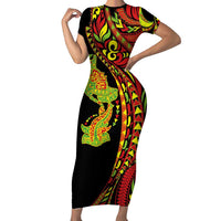 Hawaiian Manta Ray and Hammerhead Shark Tribal Tattoo Family Matching Short Sleeve Bodycon Dress and Hawaiian Shirt with Polynesian Tribal Pattern Kanaka Maoli Flag Color