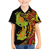Hawaiian Manta Ray and Hammerhead Shark Tribal Tattoo Family Matching Short Sleeve Bodycon Dress and Hawaiian Shirt with Polynesian Tribal Pattern Kanaka Maoli Flag Color