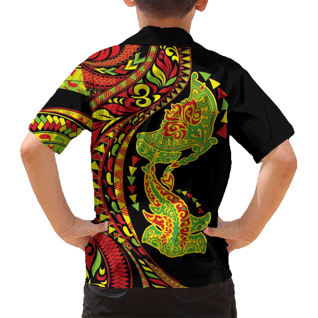 Hawaiian Manta Ray and Hammerhead Shark Tribal Tattoo Family Matching Summer Maxi Dress and Hawaiian Shirt with Polynesian Tribal Pattern Kanaka Maoli Flag Color