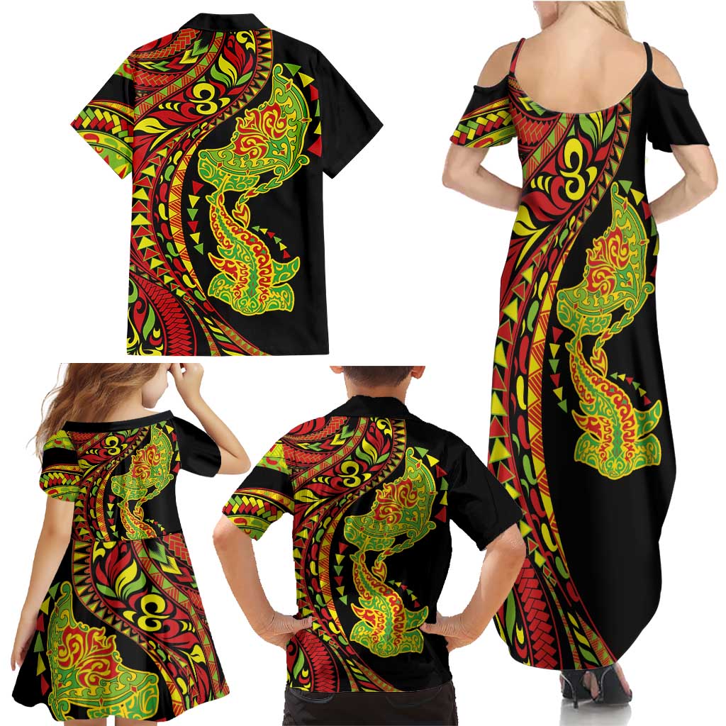 Hawaiian Manta Ray and Hammerhead Shark Tribal Tattoo Family Matching Summer Maxi Dress and Hawaiian Shirt with Polynesian Tribal Pattern Kanaka Maoli Flag Color