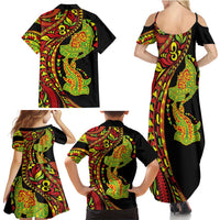 Hawaiian Manta Ray and Hammerhead Shark Tribal Tattoo Family Matching Summer Maxi Dress and Hawaiian Shirt with Polynesian Tribal Pattern Kanaka Maoli Flag Color
