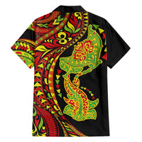 Hawaiian Manta Ray and Hammerhead Shark Tribal Tattoo Family Matching Summer Maxi Dress and Hawaiian Shirt with Polynesian Tribal Pattern Kanaka Maoli Flag Color