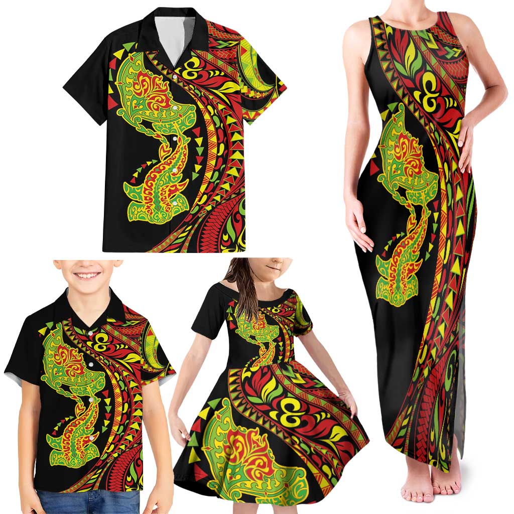 Hawaiian Manta Ray and Hammerhead Shark Tribal Tattoo Family Matching Tank Maxi Dress and Hawaiian Shirt with Polynesian Tribal Pattern Kanaka Maoli Flag Color