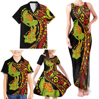 Hawaiian Manta Ray and Hammerhead Shark Tribal Tattoo Family Matching Tank Maxi Dress and Hawaiian Shirt with Polynesian Tribal Pattern Kanaka Maoli Flag Color