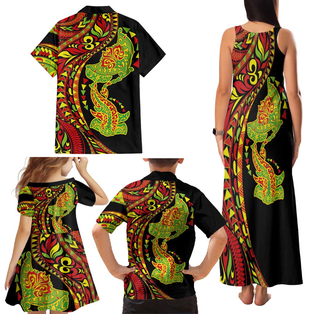 Hawaiian Manta Ray and Hammerhead Shark Tribal Tattoo Family Matching Tank Maxi Dress and Hawaiian Shirt with Polynesian Tribal Pattern Kanaka Maoli Flag Color