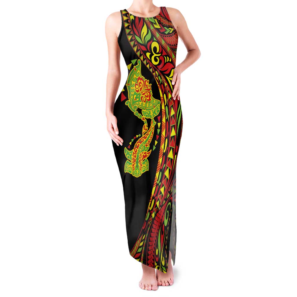 Hawaiian Manta Ray and Hammerhead Shark Tribal Tattoo Family Matching Tank Maxi Dress and Hawaiian Shirt with Polynesian Tribal Pattern Kanaka Maoli Flag Color