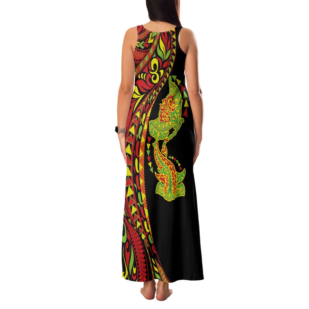 Hawaiian Manta Ray and Hammerhead Shark Tribal Tattoo Family Matching Tank Maxi Dress and Hawaiian Shirt with Polynesian Tribal Pattern Kanaka Maoli Flag Color