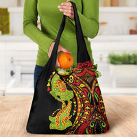 Hawaiian Manta Ray and Hammerhead Shark Tribal Tattoo Grocery Bag with Polynesian Tribal Pattern Kanaka Maoli Flag Color