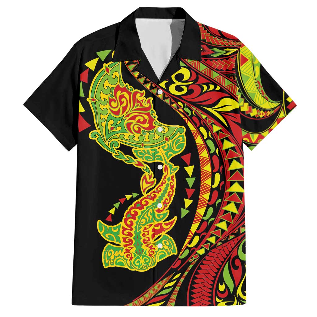 Hawaiian Manta Ray and Hammerhead Shark Tribal Tattoo Hawaiian Shirt with Polynesian Tribal Pattern Kanaka Maoli Flag Color