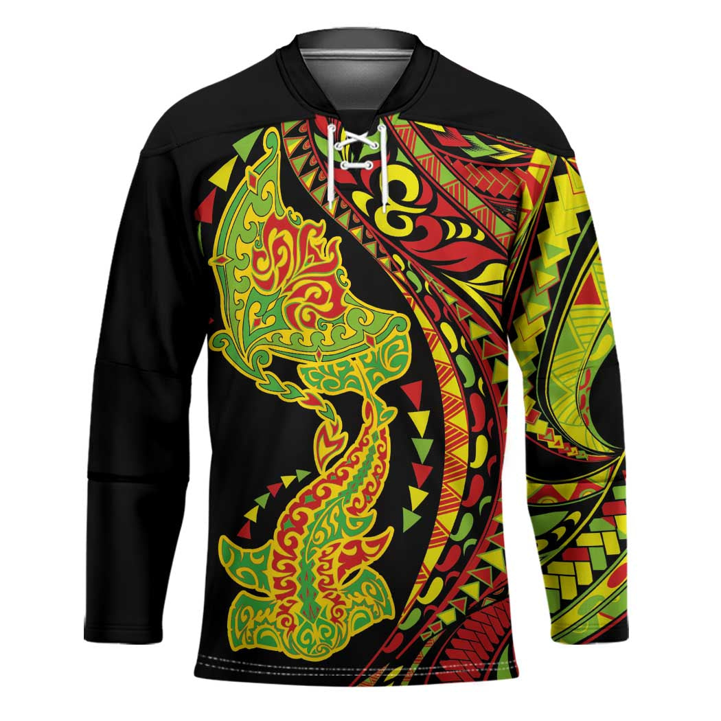 Hawaiian Manta Ray and Hammerhead Shark Tribal Tattoo Hockey Jersey with Polynesian Tribal Pattern Kanaka Maoli Flag Color LT03 Unisex Multicolor - Polynesian Pride