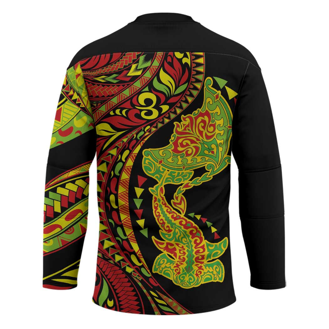 Hawaiian Manta Ray and Hammerhead Shark Tribal Tattoo Hockey Jersey with Polynesian Tribal Pattern Kanaka Maoli Flag Color