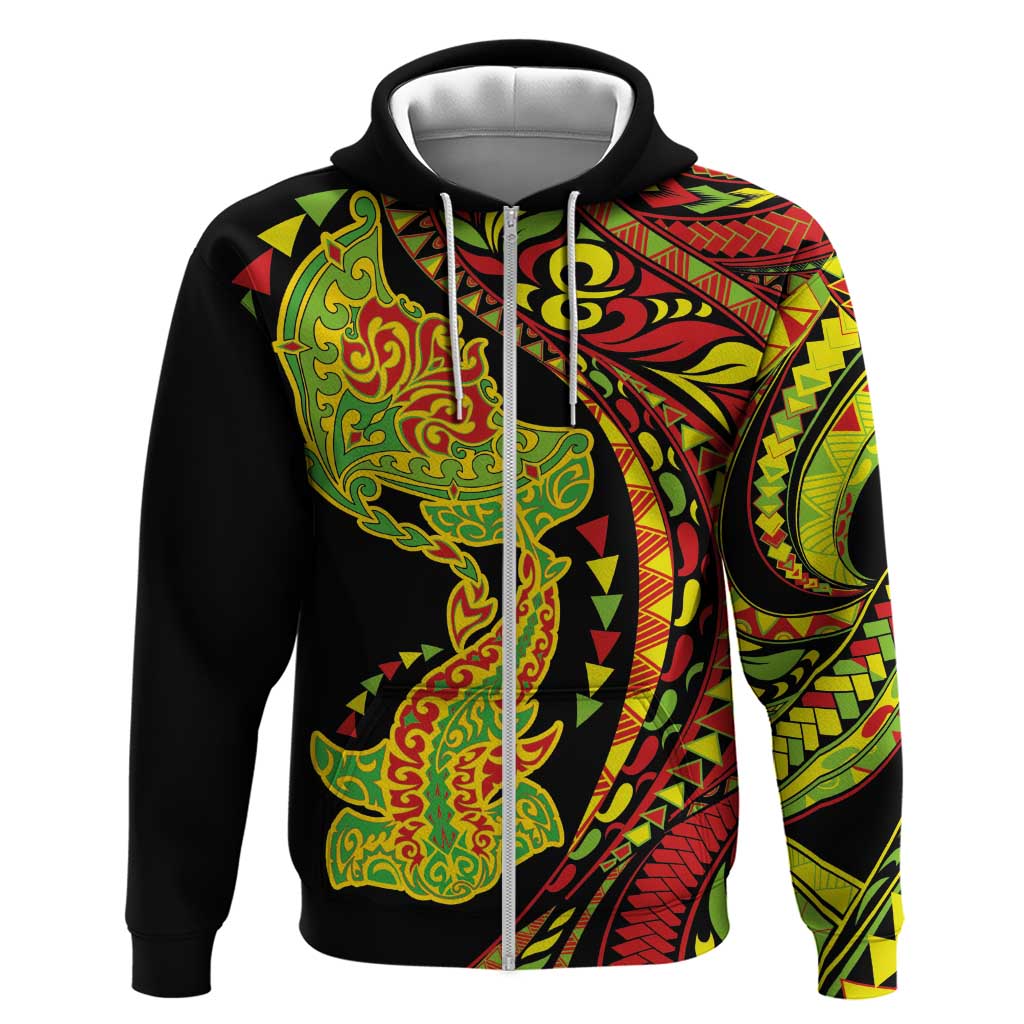 Hawaiian Manta Ray and Hammerhead Shark Tribal Tattoo Hoodie with Polynesian Tribal Pattern Kanaka Maoli Flag Color