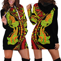 Hawaiian Manta Ray and Hammerhead Shark Tribal Tattoo Hoodie Dress with Polynesian Tribal Pattern Kanaka Maoli Flag Color